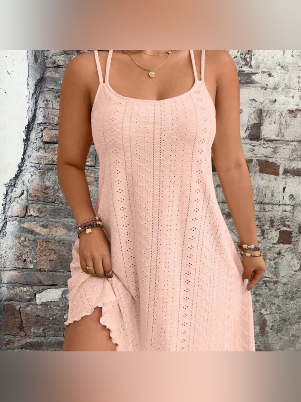 🆕 NEW Without Tags Light Blush Knit Eyelet Spaghetti Strap Dress - 1XL